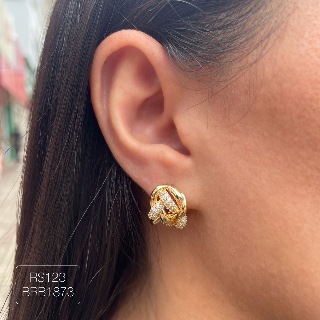 Brinco Trançado Cravejado Cristal Dourado